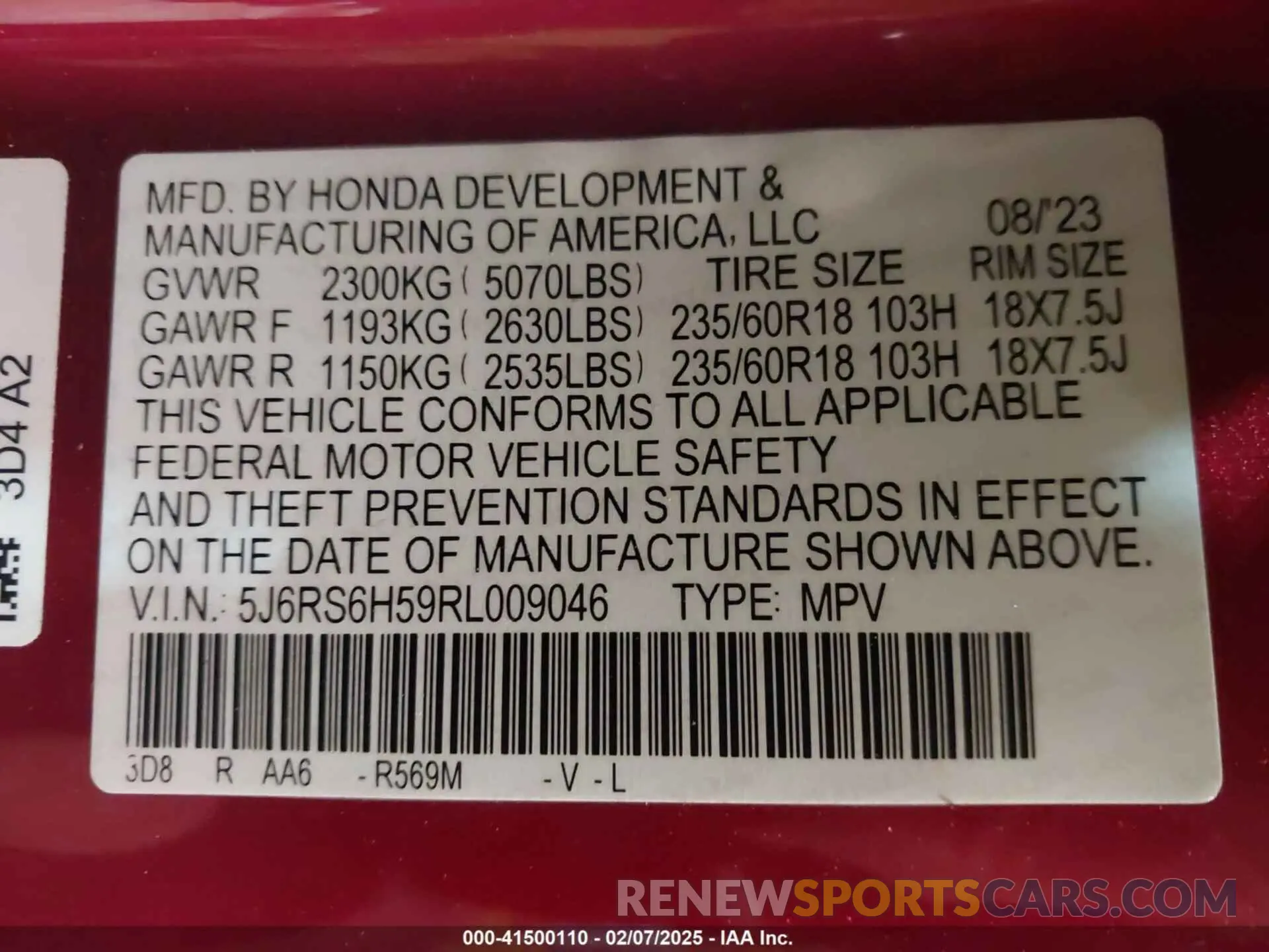 9 fotografías del automóvil dañado 5J6RS6H59RL009046 HONDA CR-V 2024