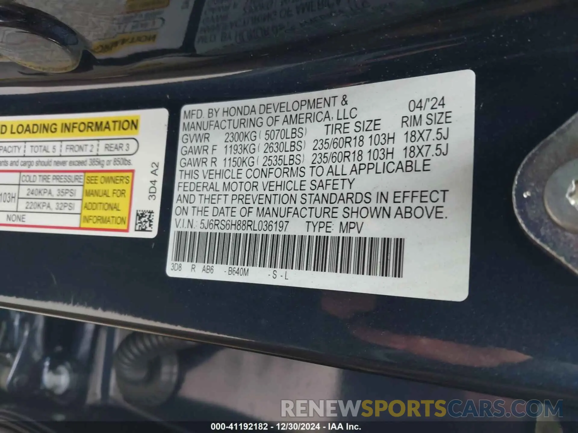 9 fotografías del automóvil dañado 5J6RS6H88RL036197 HONDA CR-V 2024