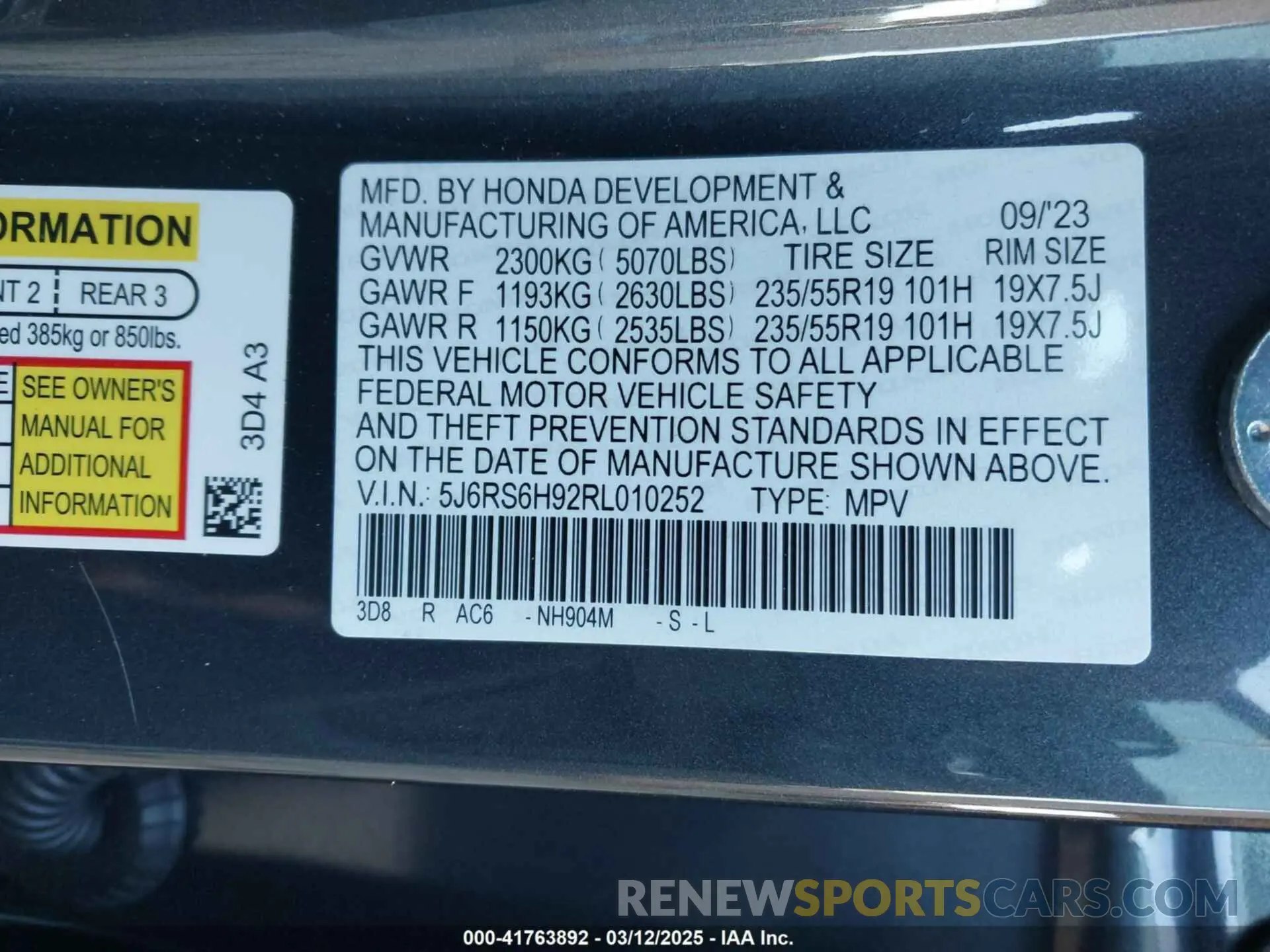 9 fotografías del automóvil dañado 5J6RS6H92RL010252 HONDA CR-V 2024