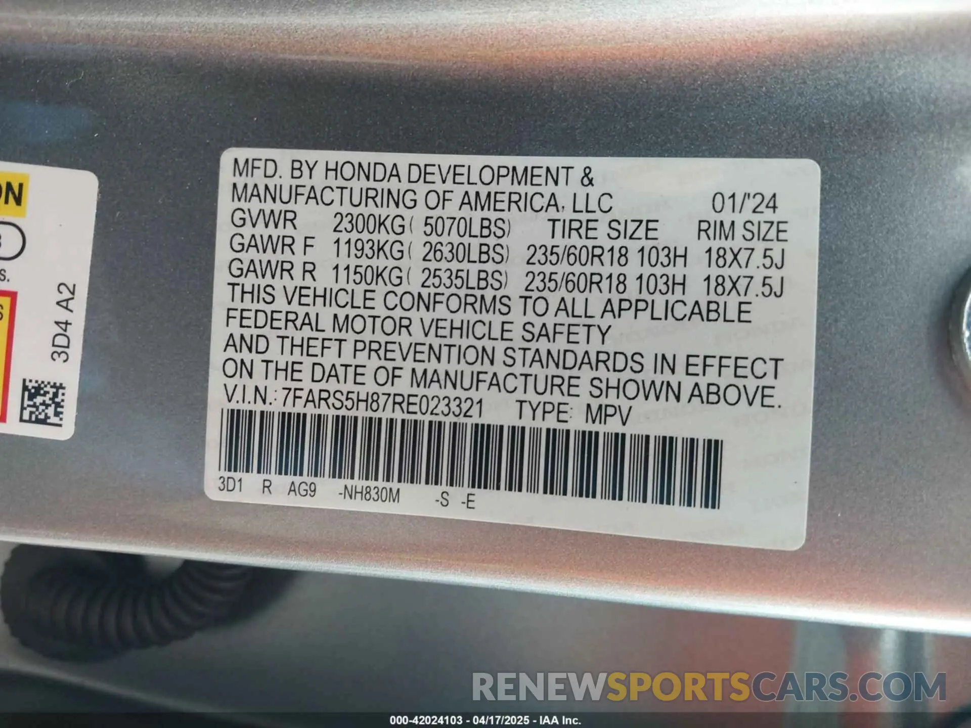 9 fotografías del automóvil dañado 7FARS5H87RE023321 HONDA CR-V 2024