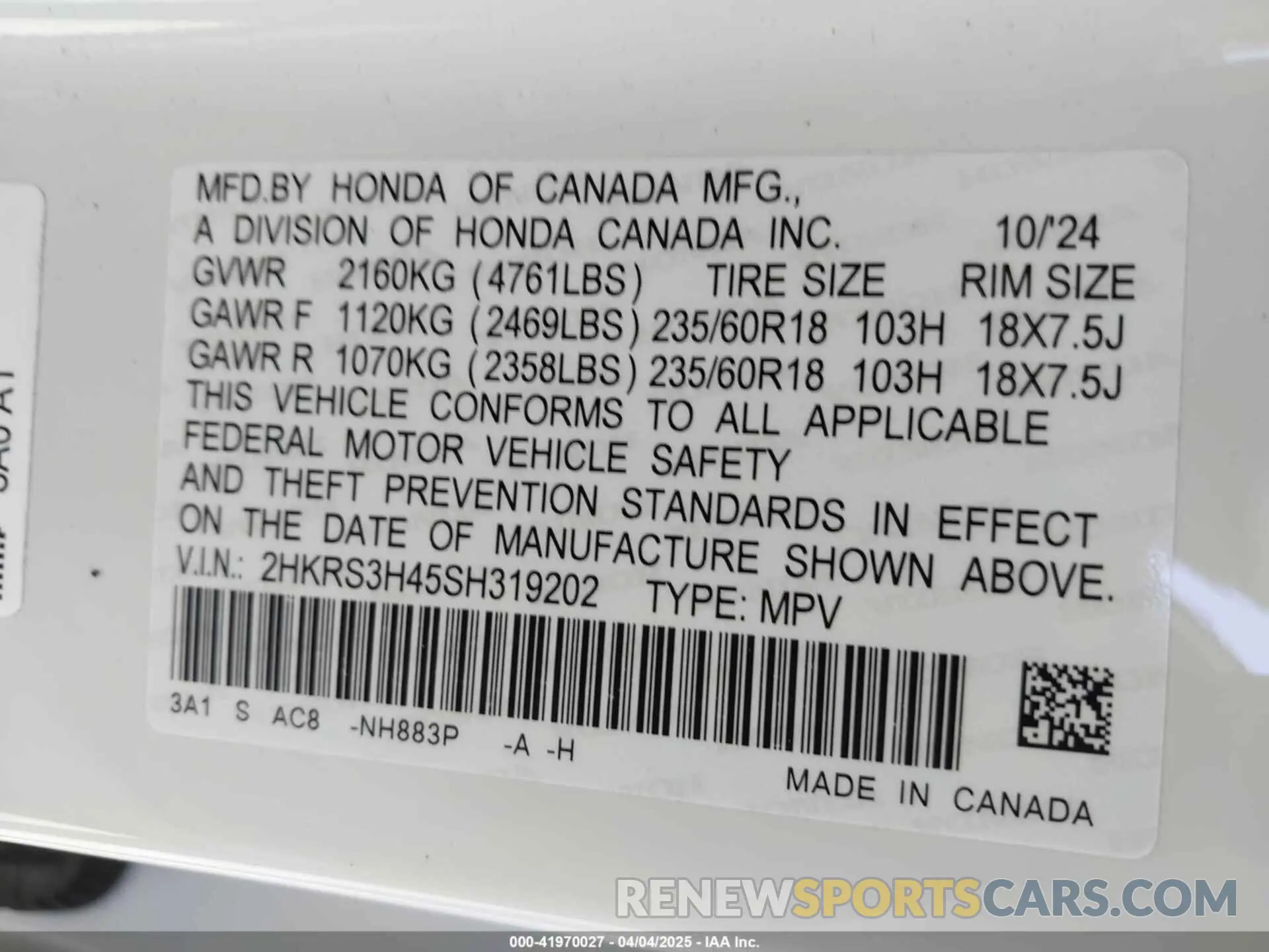 9 fotografías del automóvil dañado 2HKRS3H45SH319202 HONDA CR-V 2025