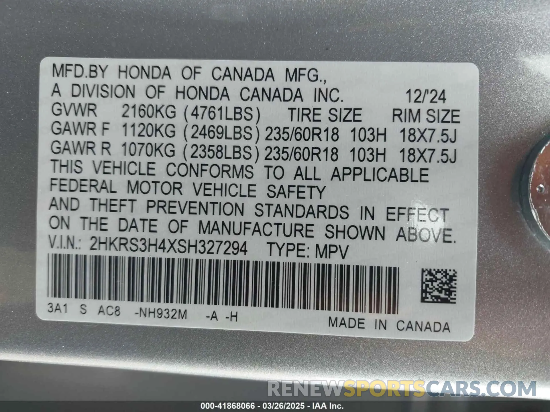 9 fotografías del automóvil dañado 2HKRS3H4XSH327294 HONDA CR-V 2025