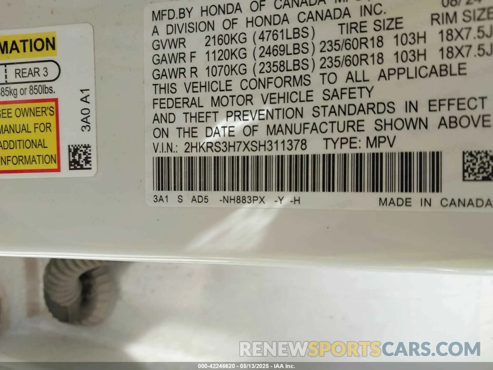 9 fotografías del automóvil dañado 2HKRS3H7XSH311378 HONDA CR-V 2025