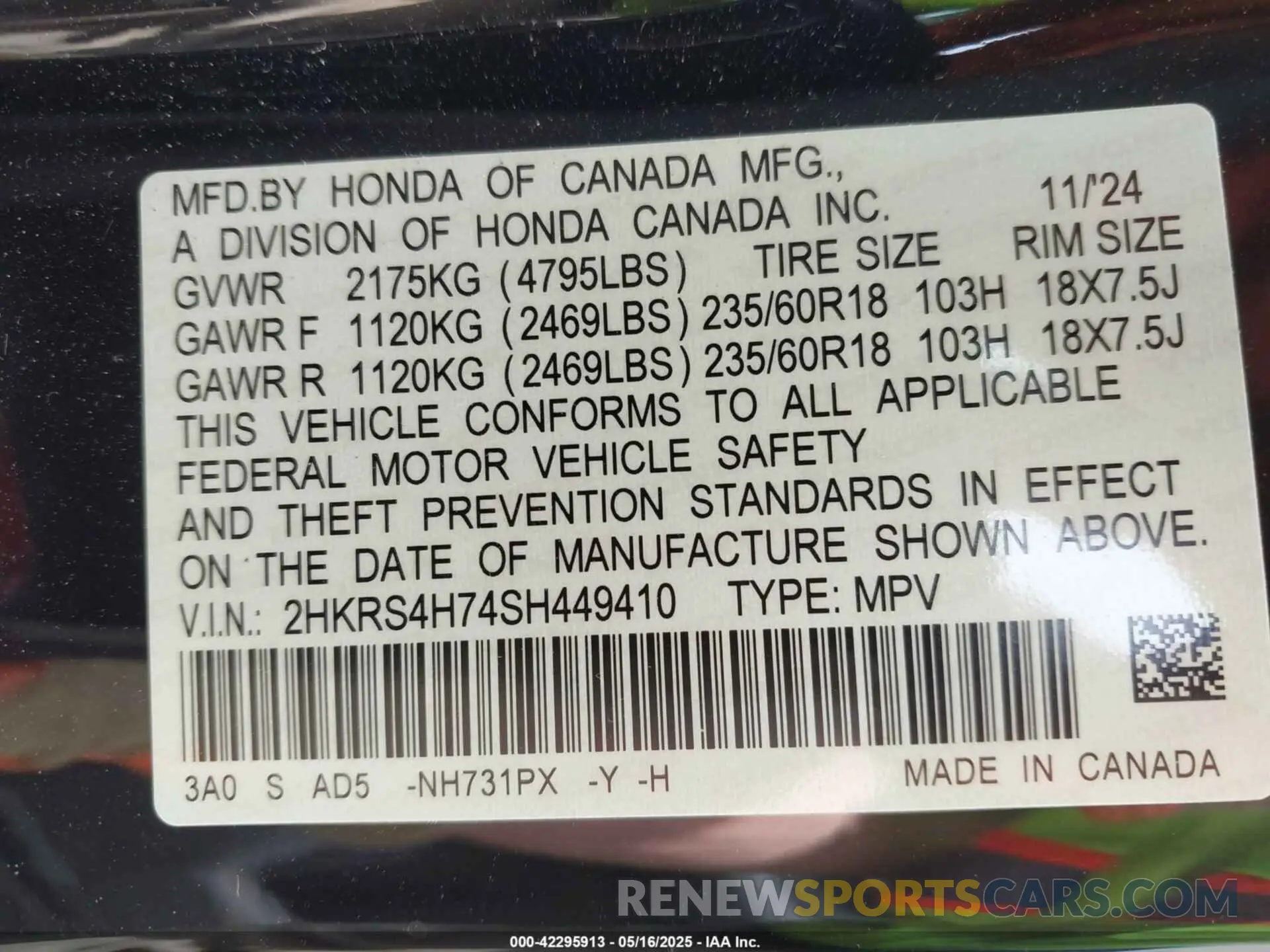 9 fotografías del automóvil dañado 2HKRS4H74SH449410 HONDA CR-V 2025