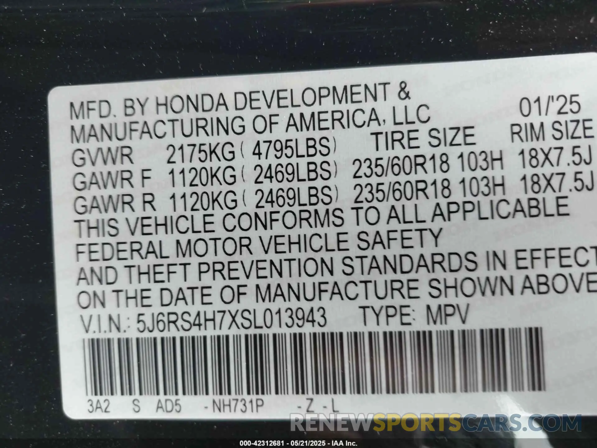 9 fotografías del automóvil dañado 5J6RS4H7XSL013943 HONDA CR-V 2025