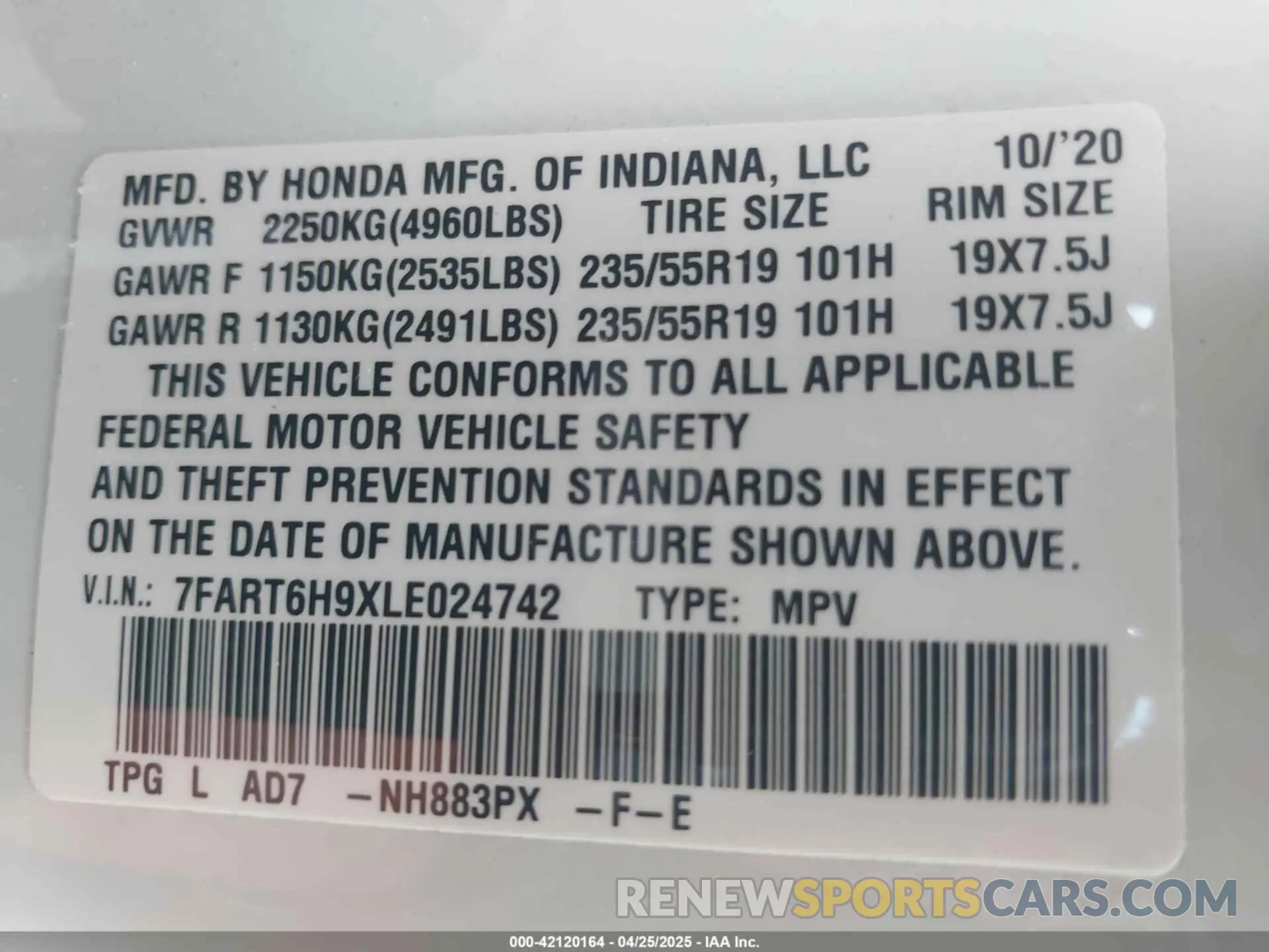 9 fotografías del automóvil dañado 7FART6H9XLE024742 HONDA CR-V HYBRID 2020