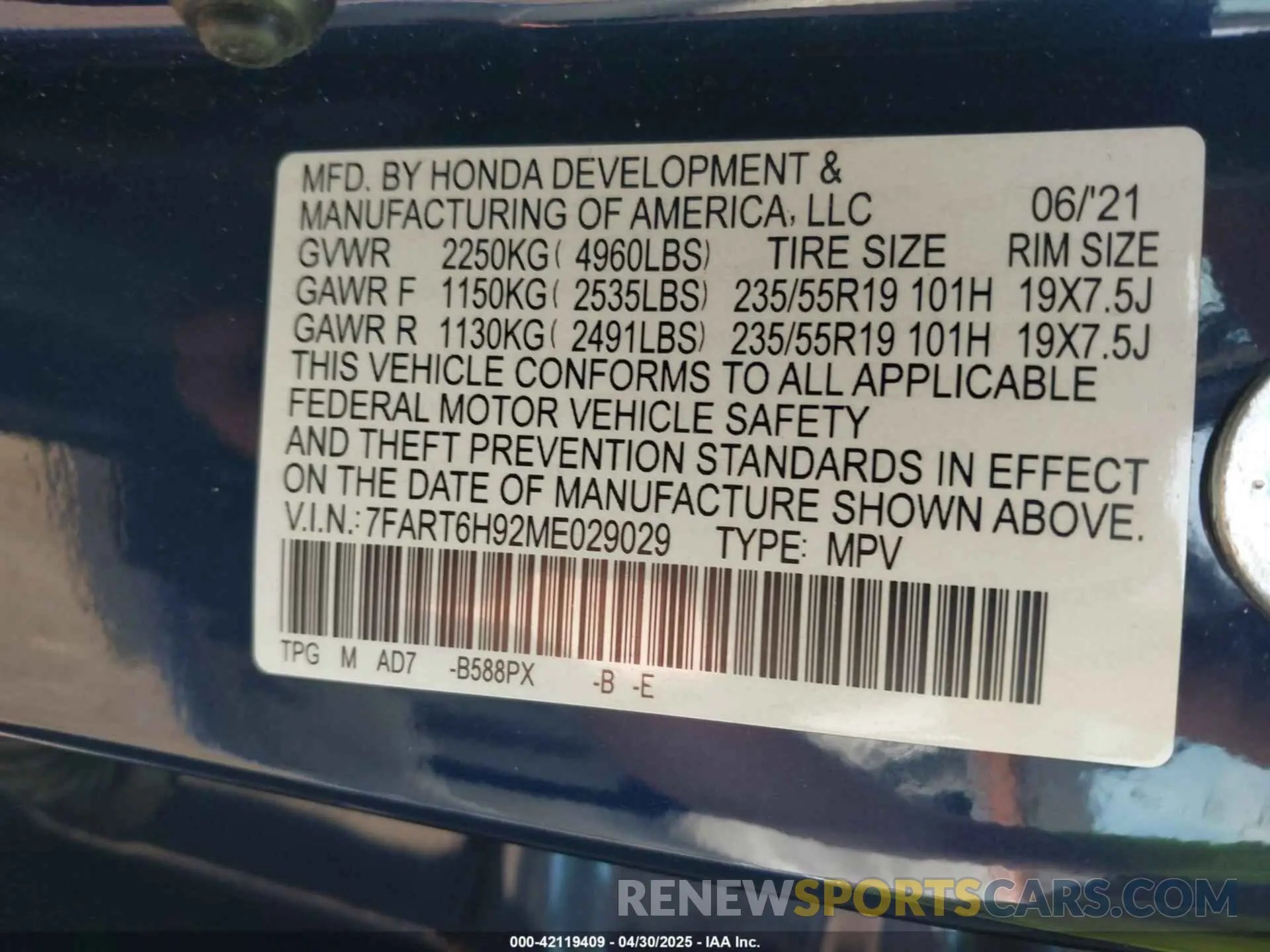 9 fotografías del automóvil dañado 7FART6H92ME029029 HONDA CR-V HYBRID 2021