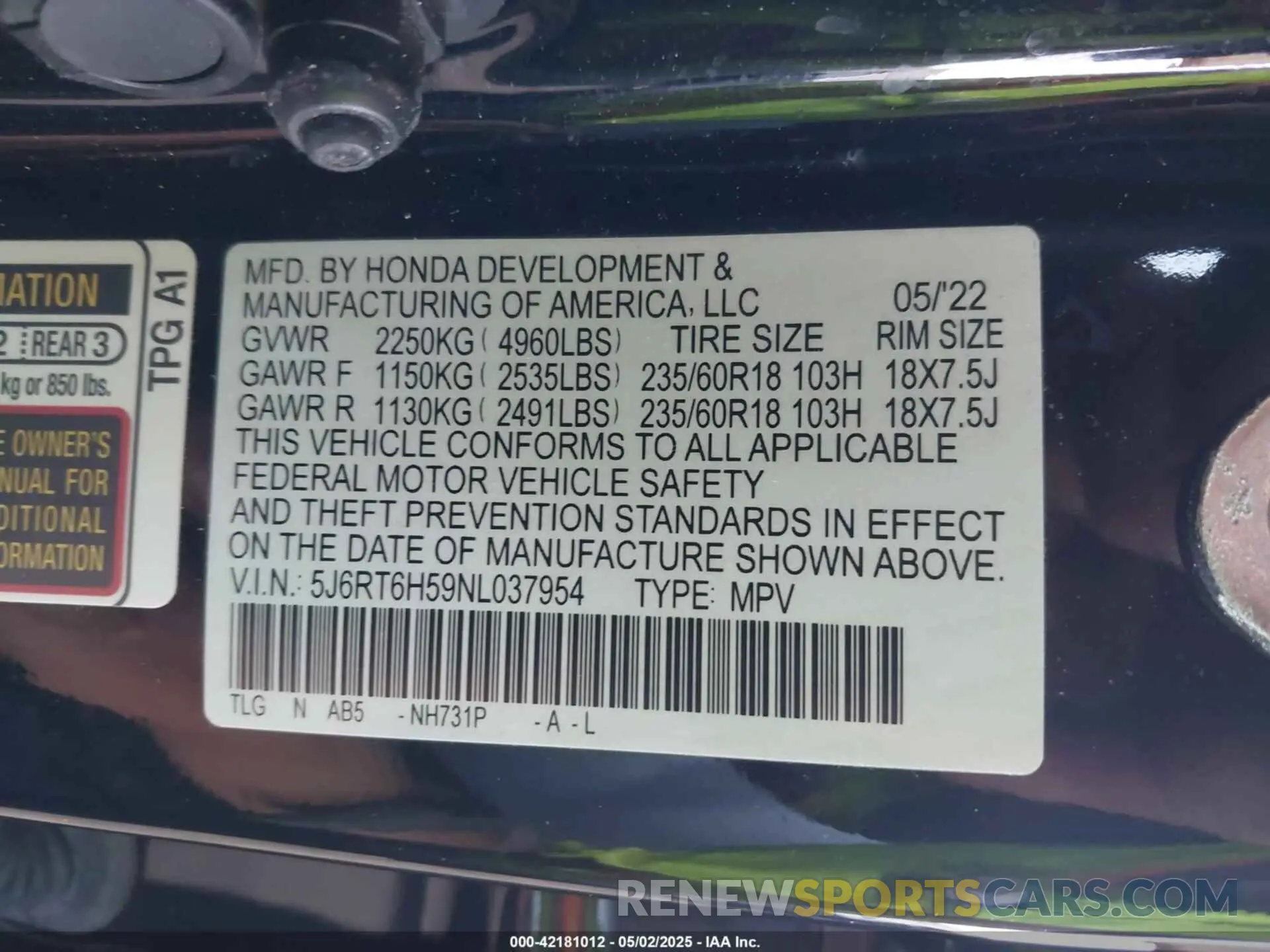 9 fotografías del automóvil dañado 5J6RT6H59NL037954 HONDA CR-V HYBRID 2022
