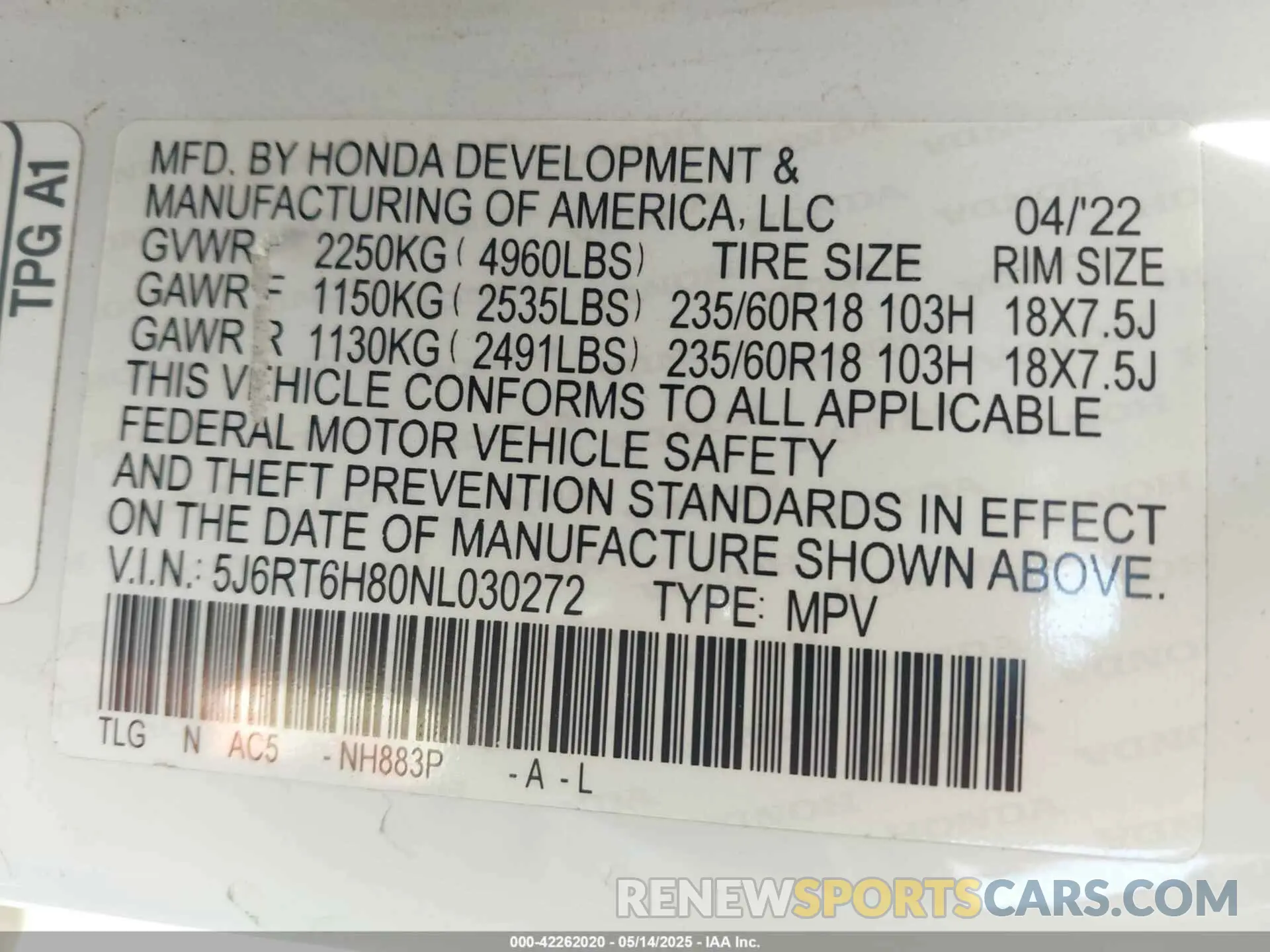 9 fotografías del automóvil dañado 5J6RT6H80NL030272 HONDA CR-V HYBRID 2022