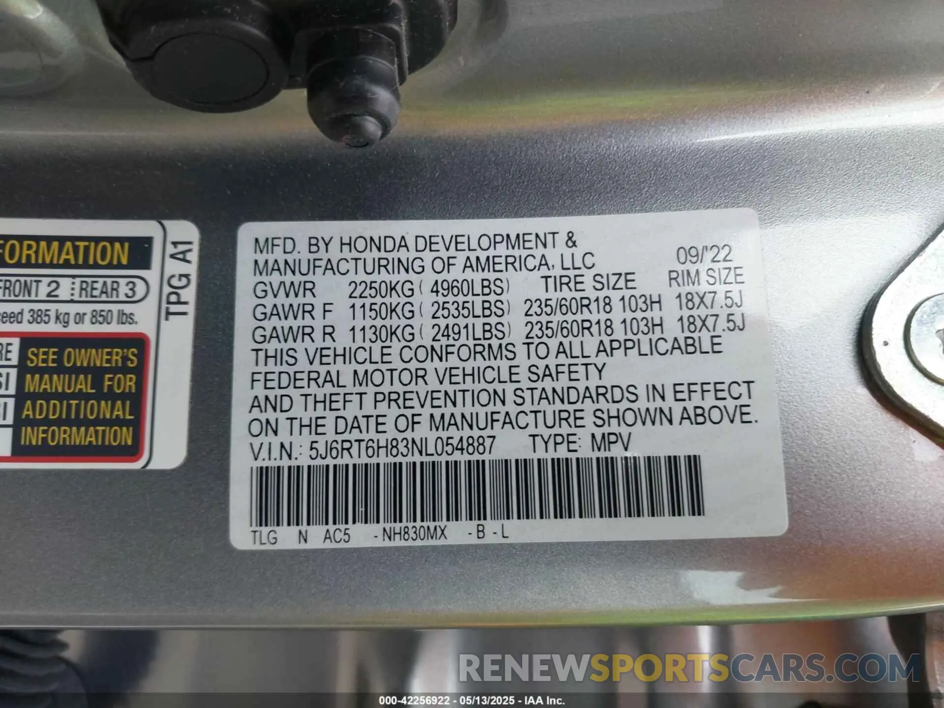 9 fotografías del automóvil dañado 5J6RT6H83NL054887 HONDA CR-V HYBRID 2022