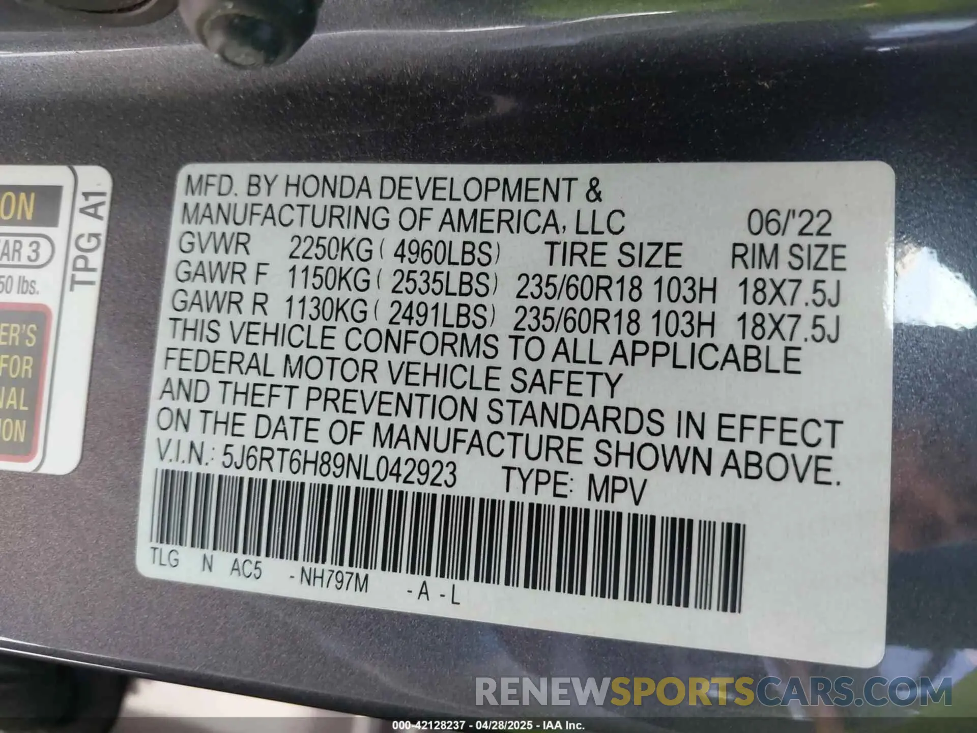 9 fotografías del automóvil dañado 5J6RT6H89NL042923 HONDA CR-V HYBRID 2022