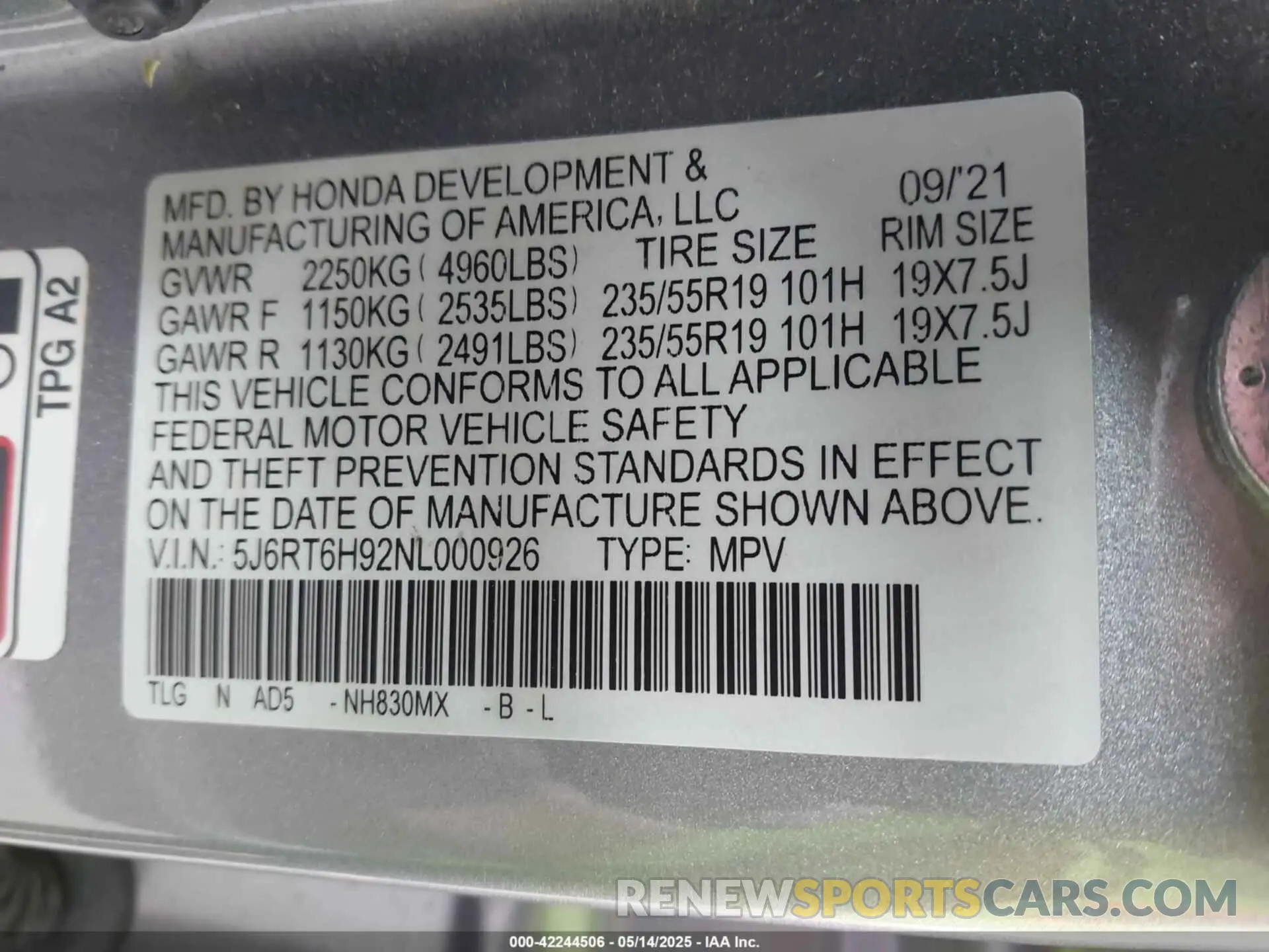 9 fotografías del automóvil dañado 5J6RT6H92NL000926 HONDA CR-V HYBRID 2022