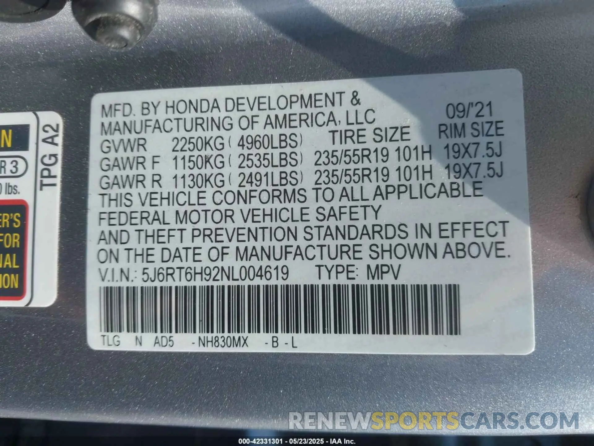 9 fotografías del automóvil dañado 5J6RT6H92NL004619 HONDA CR-V HYBRID 2022