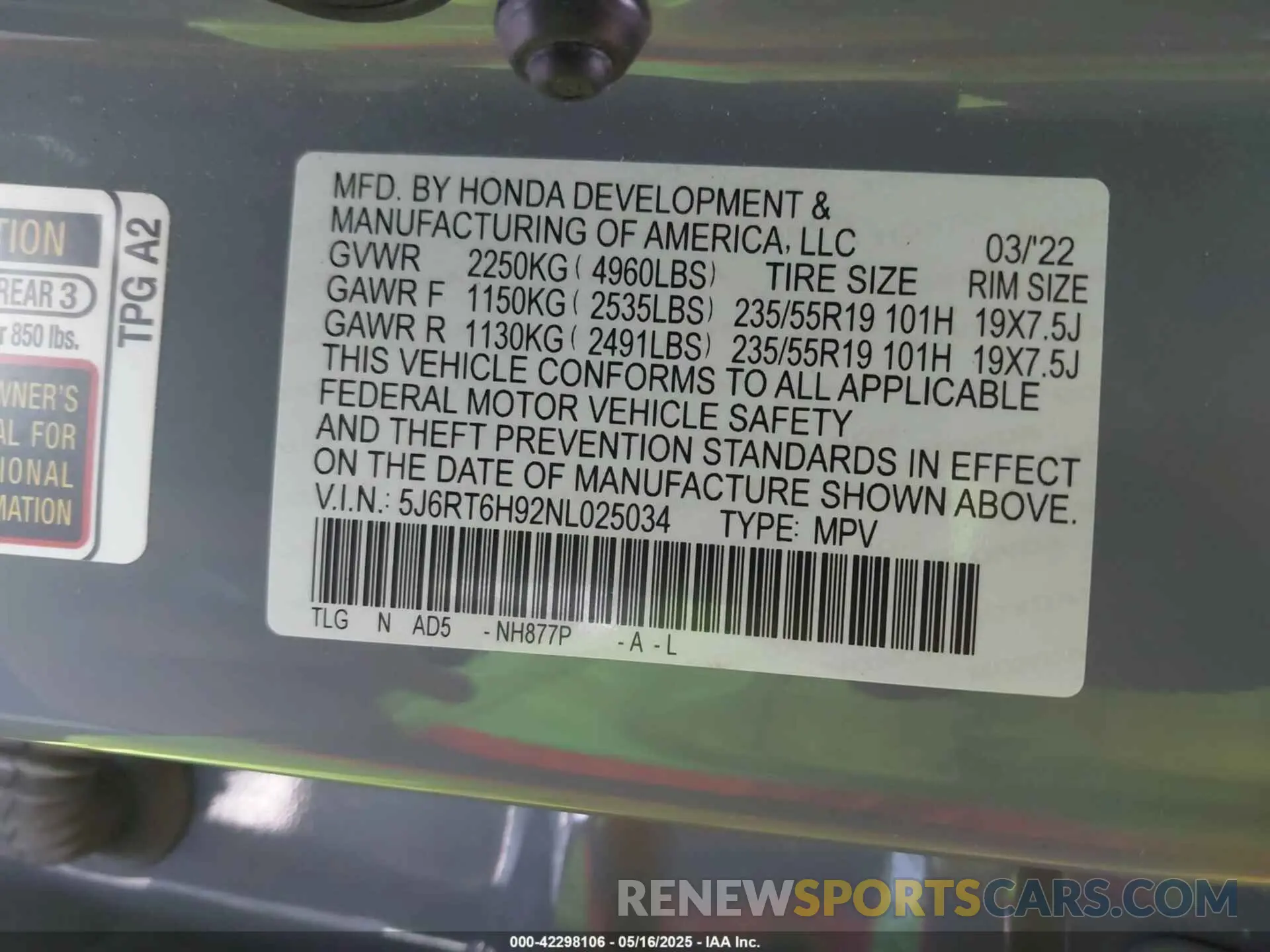 9 fotografías del automóvil dañado 5J6RT6H92NL025034 HONDA CR-V HYBRID 2022