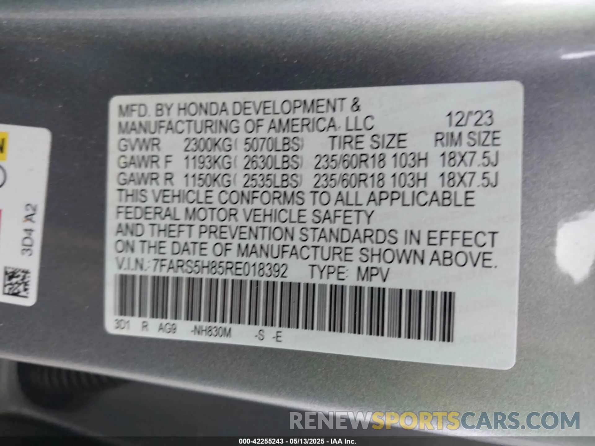 9 fotografías del automóvil dañado 7FARS5H85RE018392 HONDA CR-V HYBRID 2024