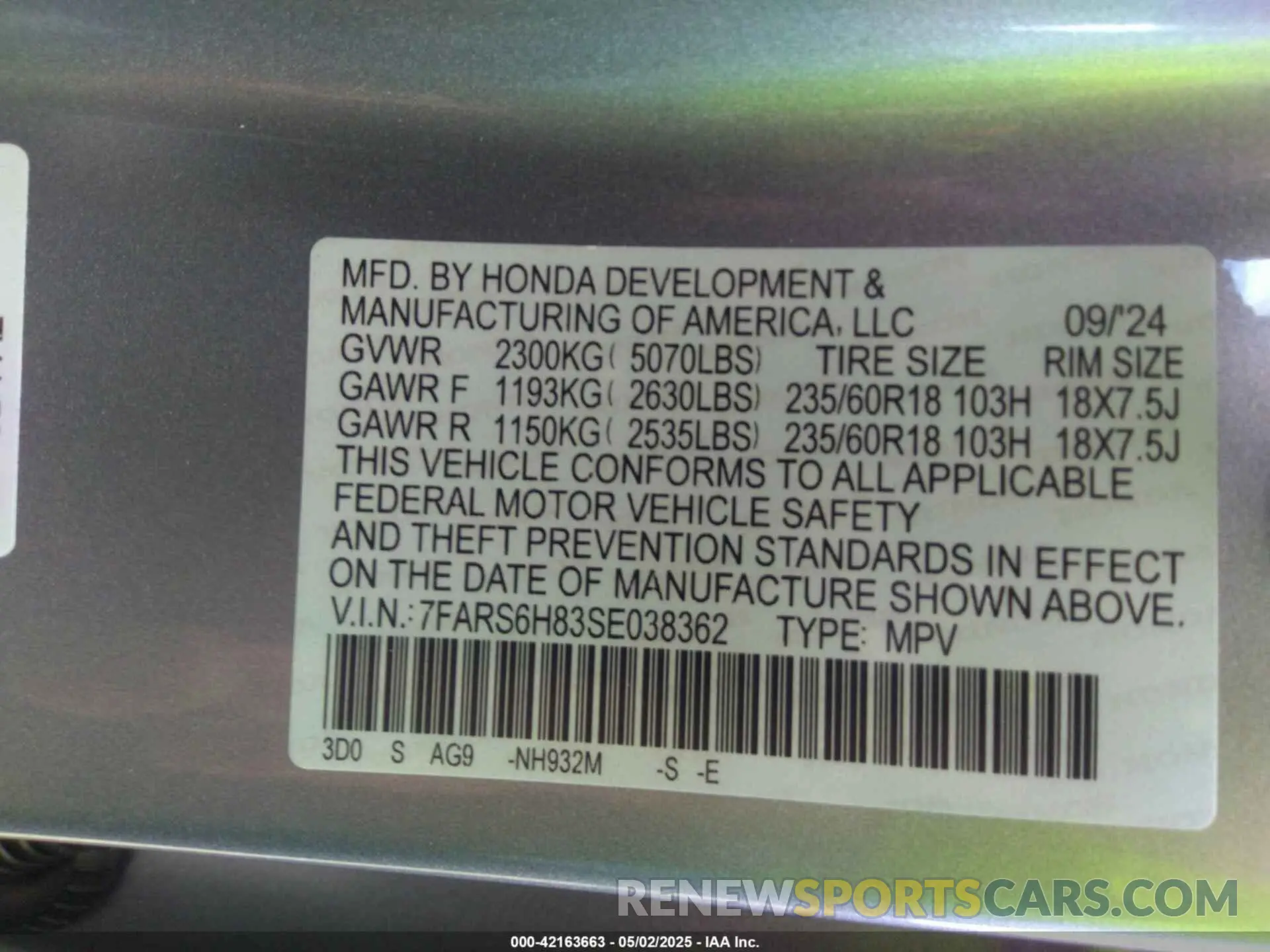 9 fotografías del automóvil dañado 7FARS6H83SE038362 HONDA CR-V HYBRID 2025