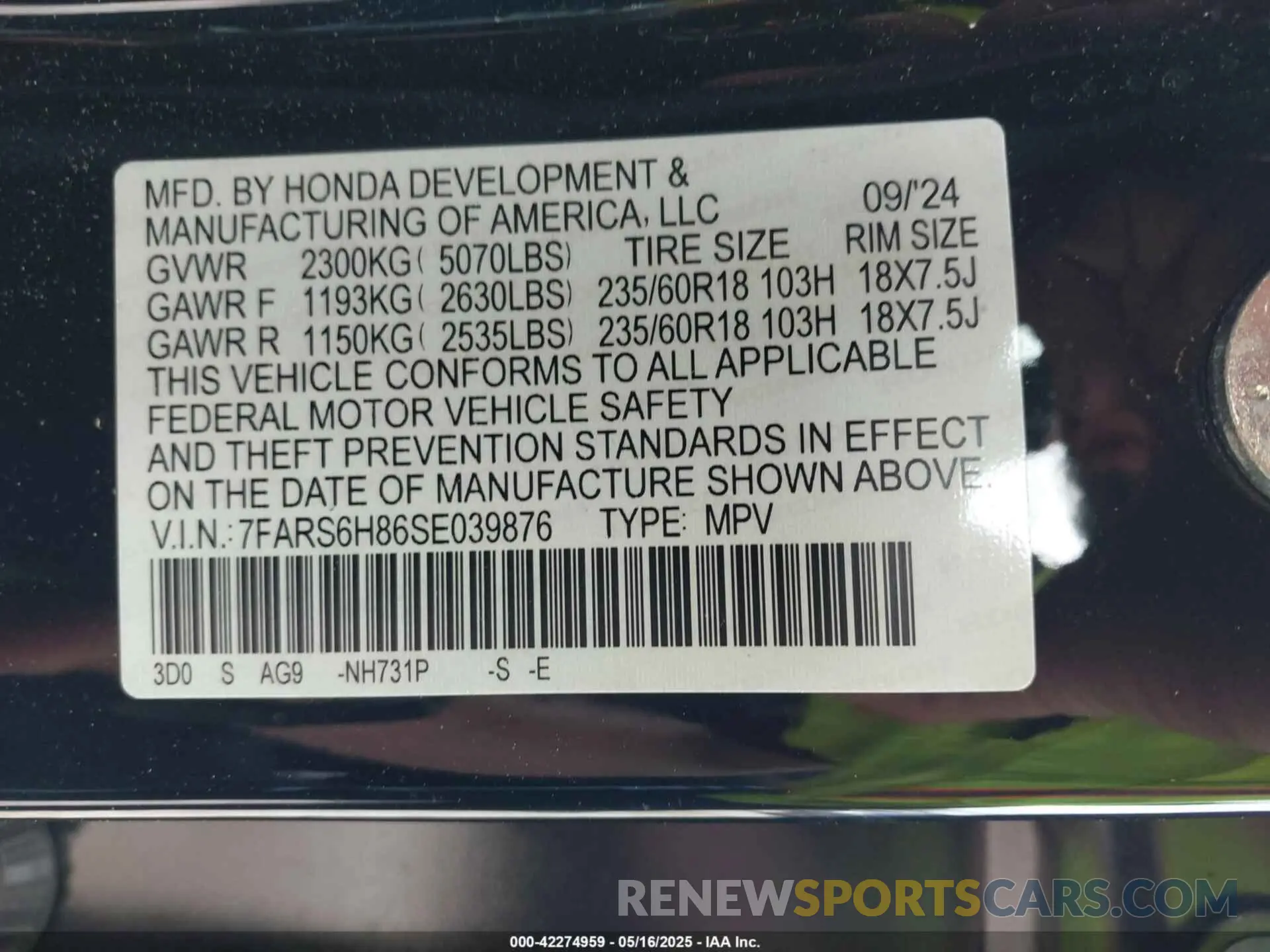 9 fotografías del automóvil dañado 7FARS6H86SE039876 HONDA CR-V HYBRID 2025