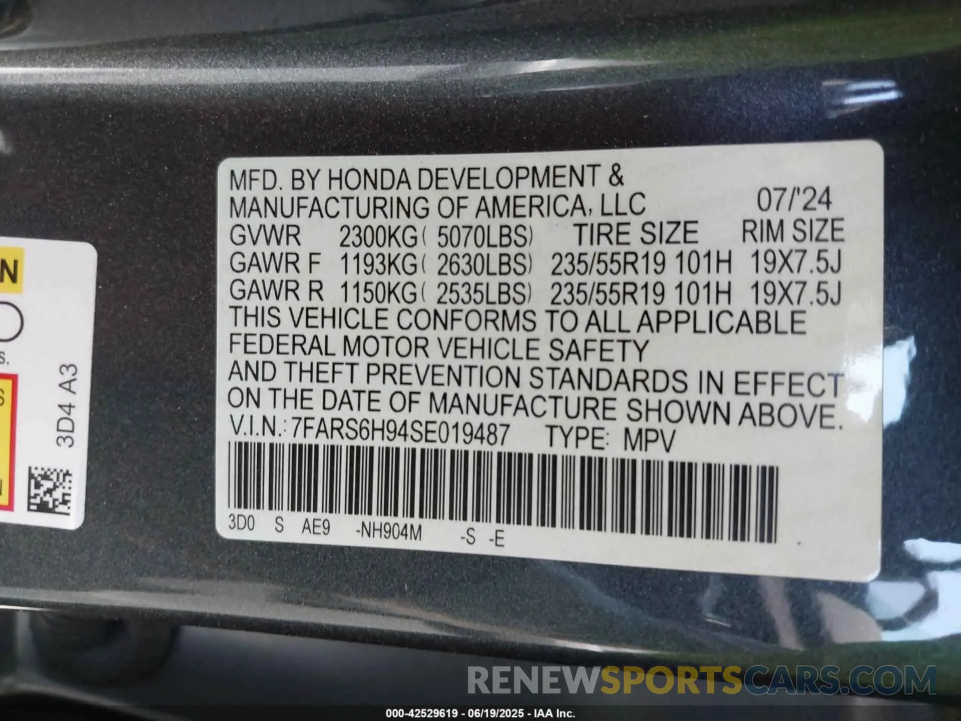 9 fotografías del automóvil dañado 7FARS6H94SE019487 HONDA CR-V HYBRID 2025