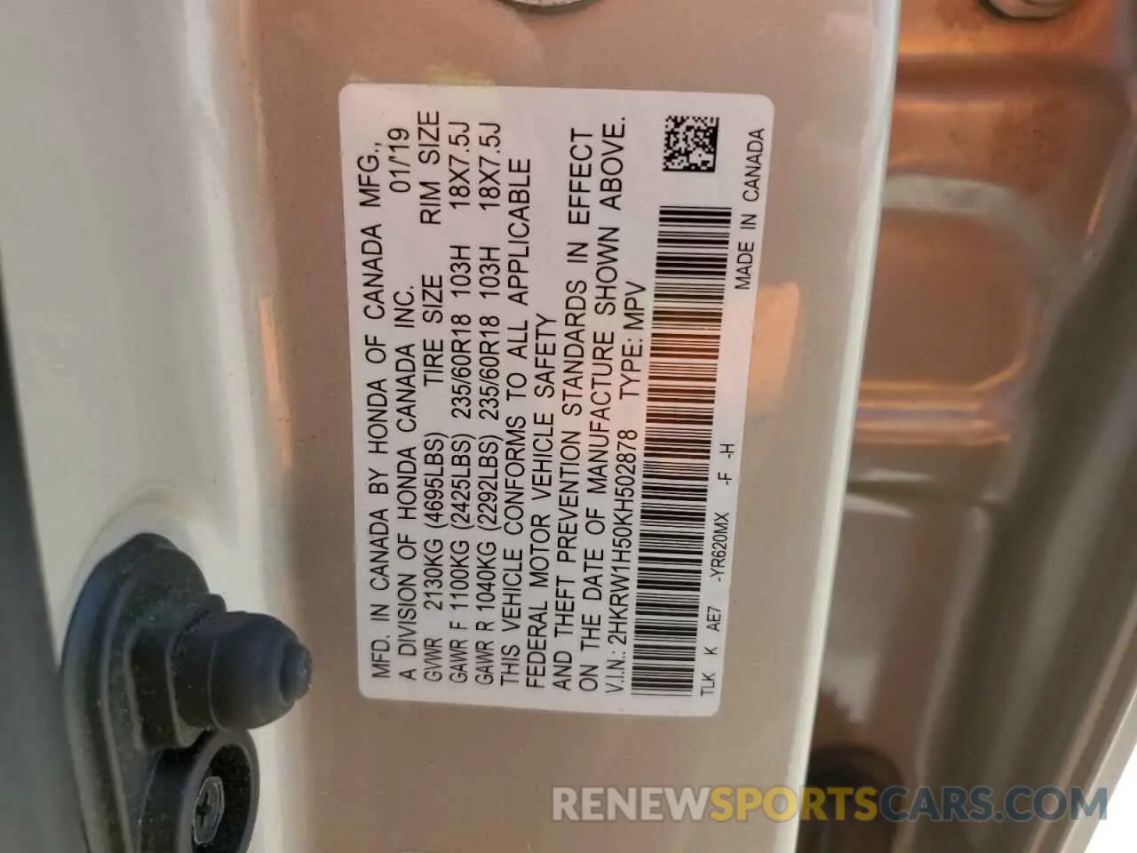 15 fotografías del automóvil dañado 2HKRW1H50KH502878 HONDA CRV 2019