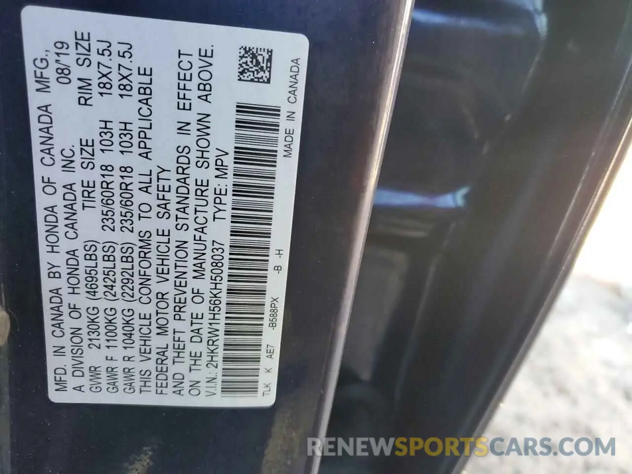 13 fotografías del automóvil dañado 2HKRW1H56KH508037 HONDA CRV 2019