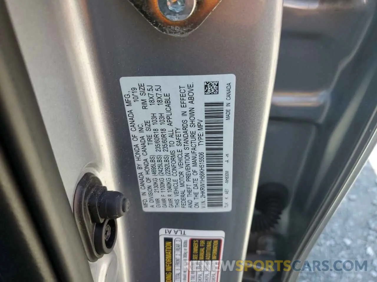 13 fotografías del automóvil dañado 2HKRW1H56KH515506 HONDA CRV 2019