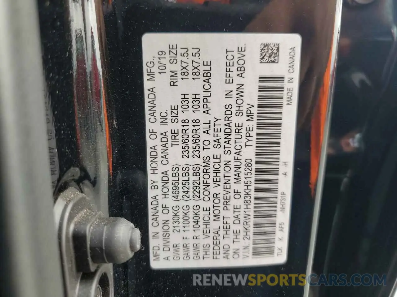 12 fotografías del automóvil dañado 2HKRW1H83KH515280 HONDA CRV 2019