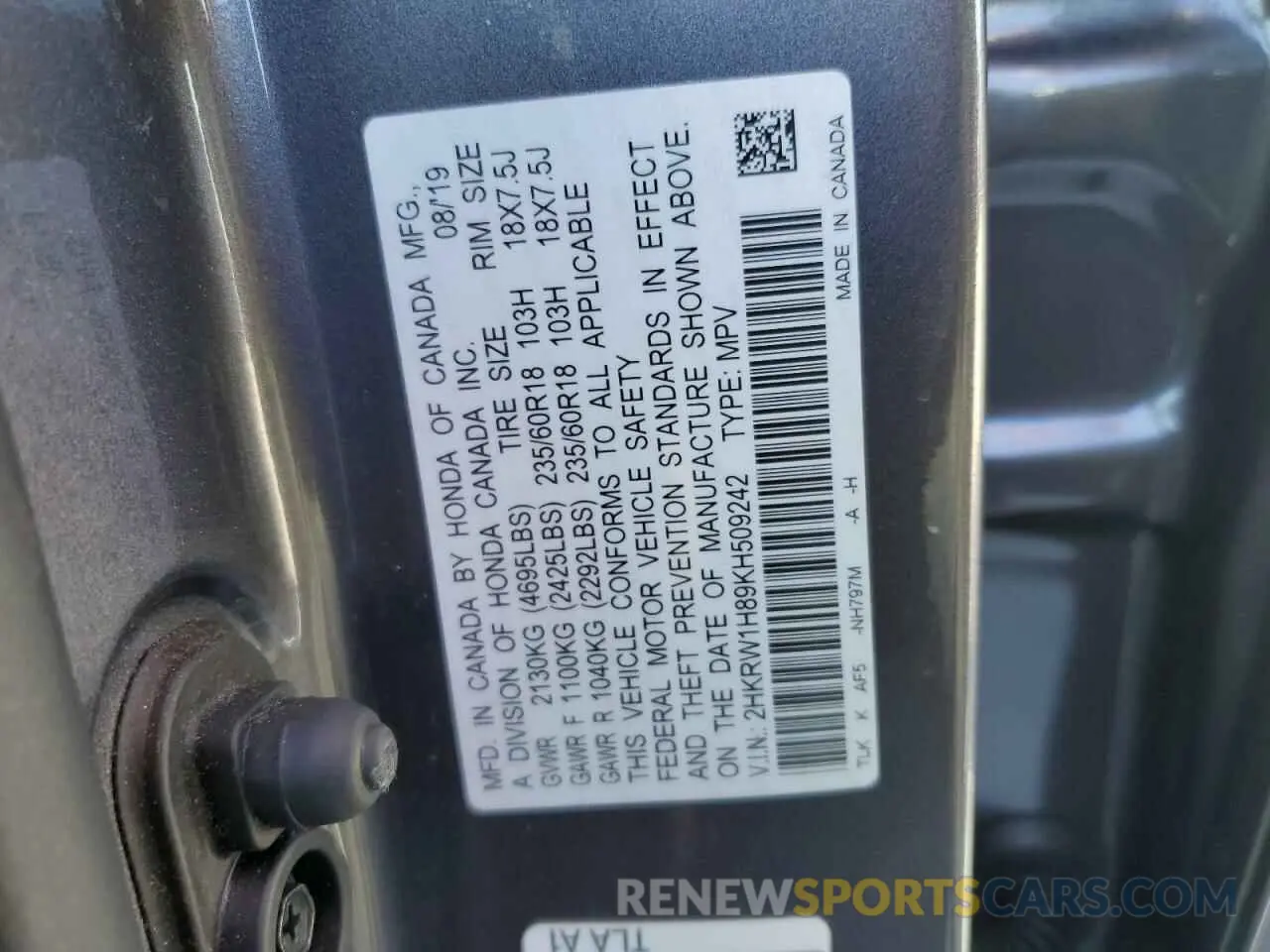 13 fotografías del automóvil dañado 2HKRW1H89KH509242 HONDA CRV 2019