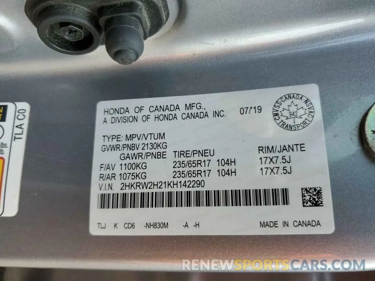 13 fotografías del automóvil dañado 2HKRW2H21KH142290 HONDA CRV 2019