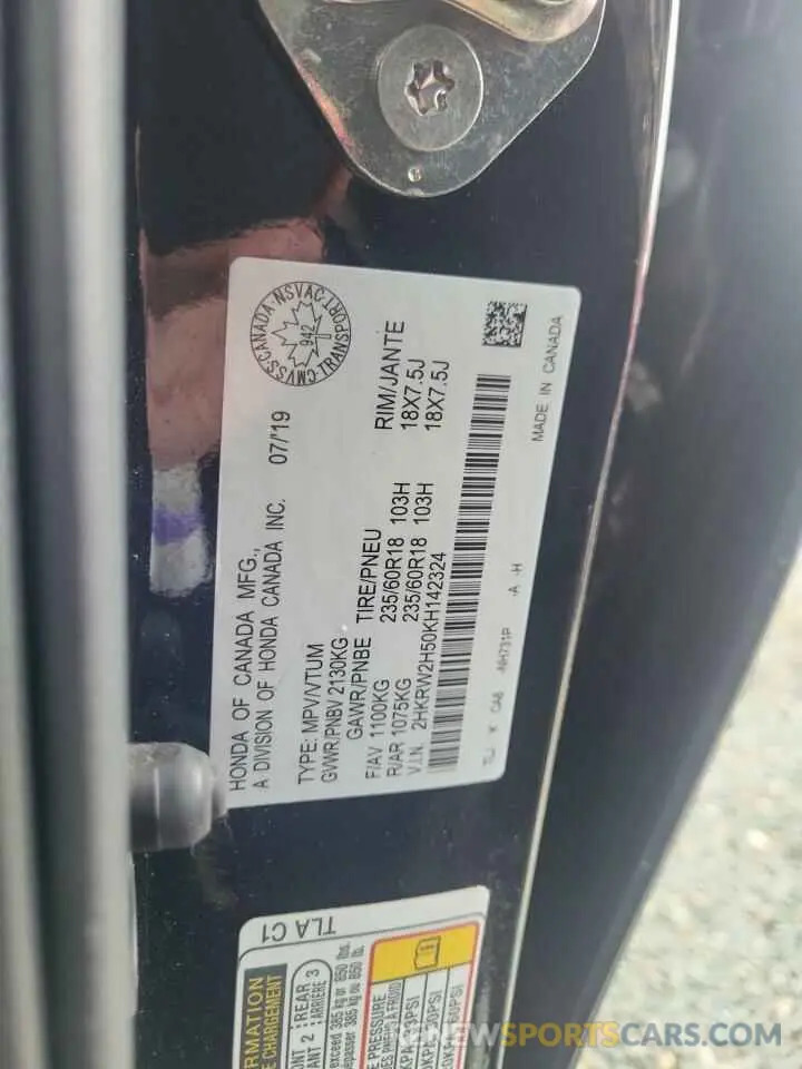 13 fotografías del automóvil dañado 2HKRW2H50KH142324 HONDA CRV 2019