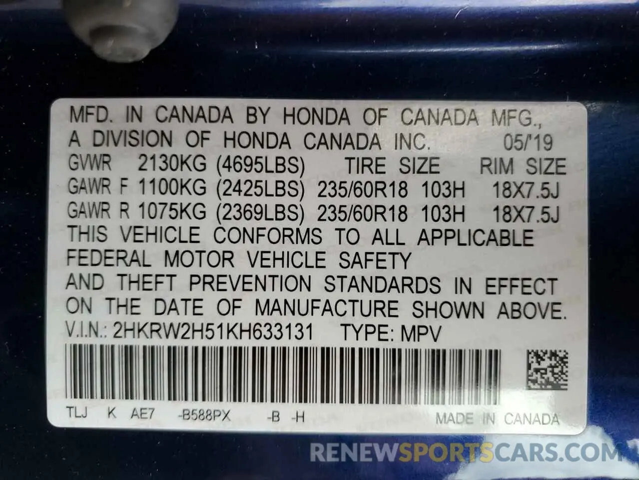 13 fotografías del automóvil dañado 2HKRW2H51KH633131 HONDA CRV 2019