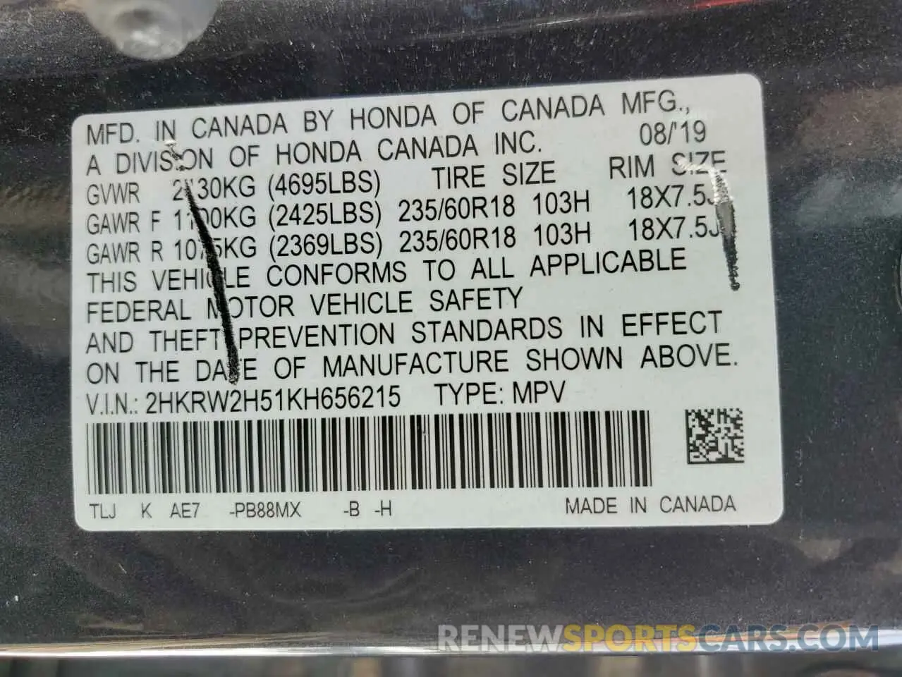 14 fotografías del automóvil dañado 2HKRW2H51KH656215 HONDA CRV 2019