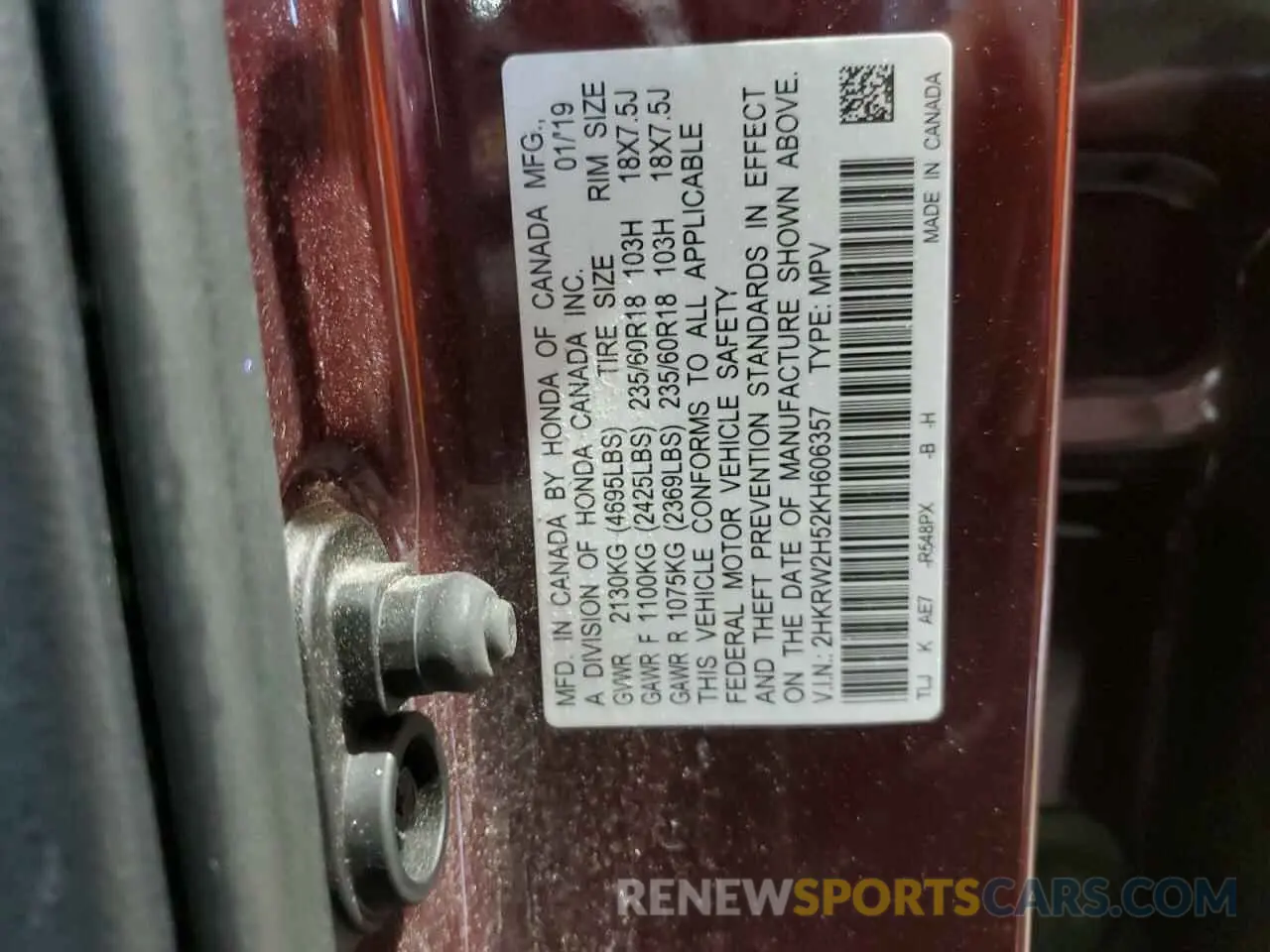 13 fotografías del automóvil dañado 2HKRW2H52KH606357 HONDA CRV 2019