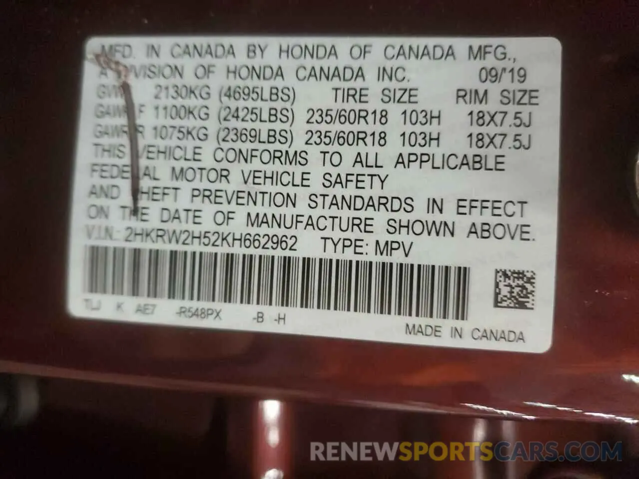 13 fotografías del automóvil dañado 2HKRW2H52KH662962 HONDA CRV 2019