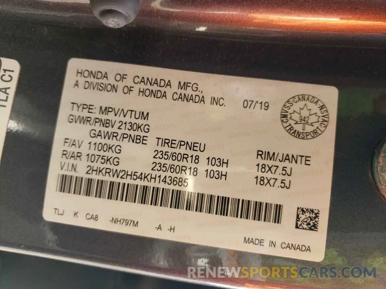 13 fotografías del automóvil dañado 2HKRW2H54KH143685 HONDA CRV 2019