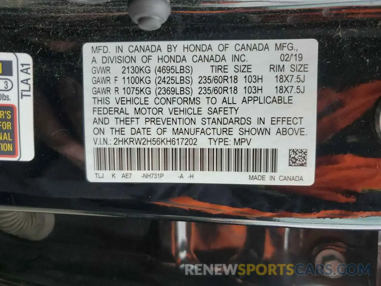 15 fotografías del automóvil dañado 2HKRW2H56KH617202 HONDA CRV 2019