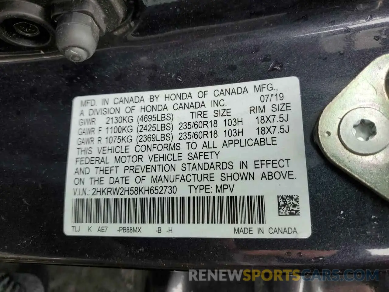 14 fotografías del automóvil dañado 2HKRW2H58KH652730 HONDA CRV 2019