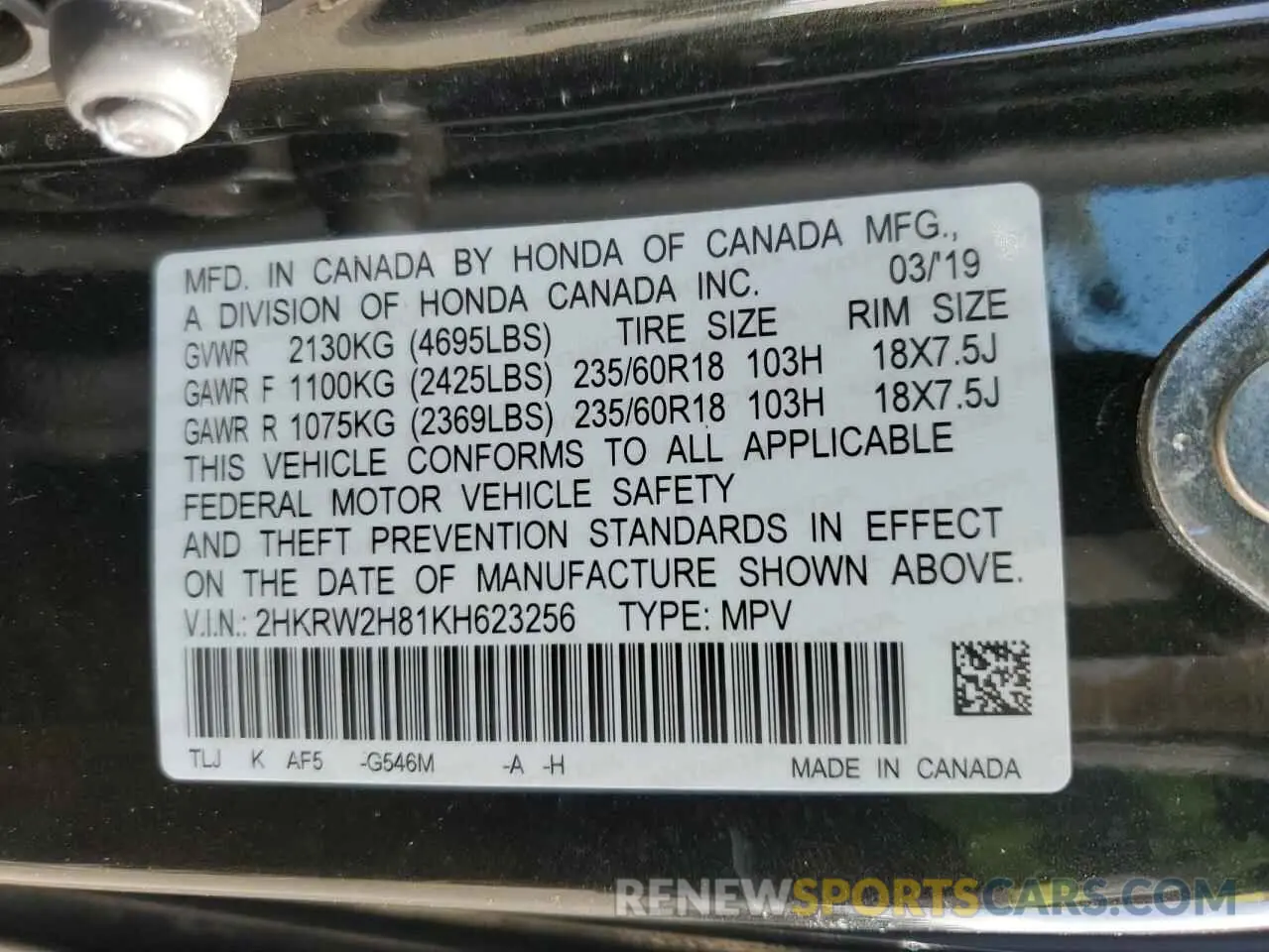 13 fotografías del automóvil dañado 2HKRW2H81KH623256 HONDA CRV 2019