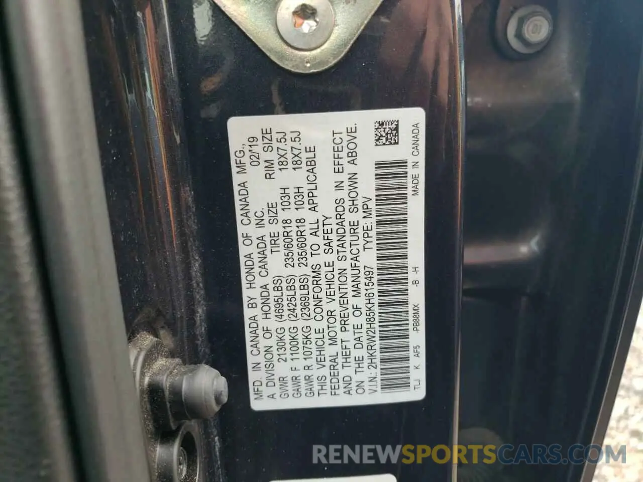 14 fotografías del automóvil dañado 2HKRW2H85KH615497 HONDA CRV 2019