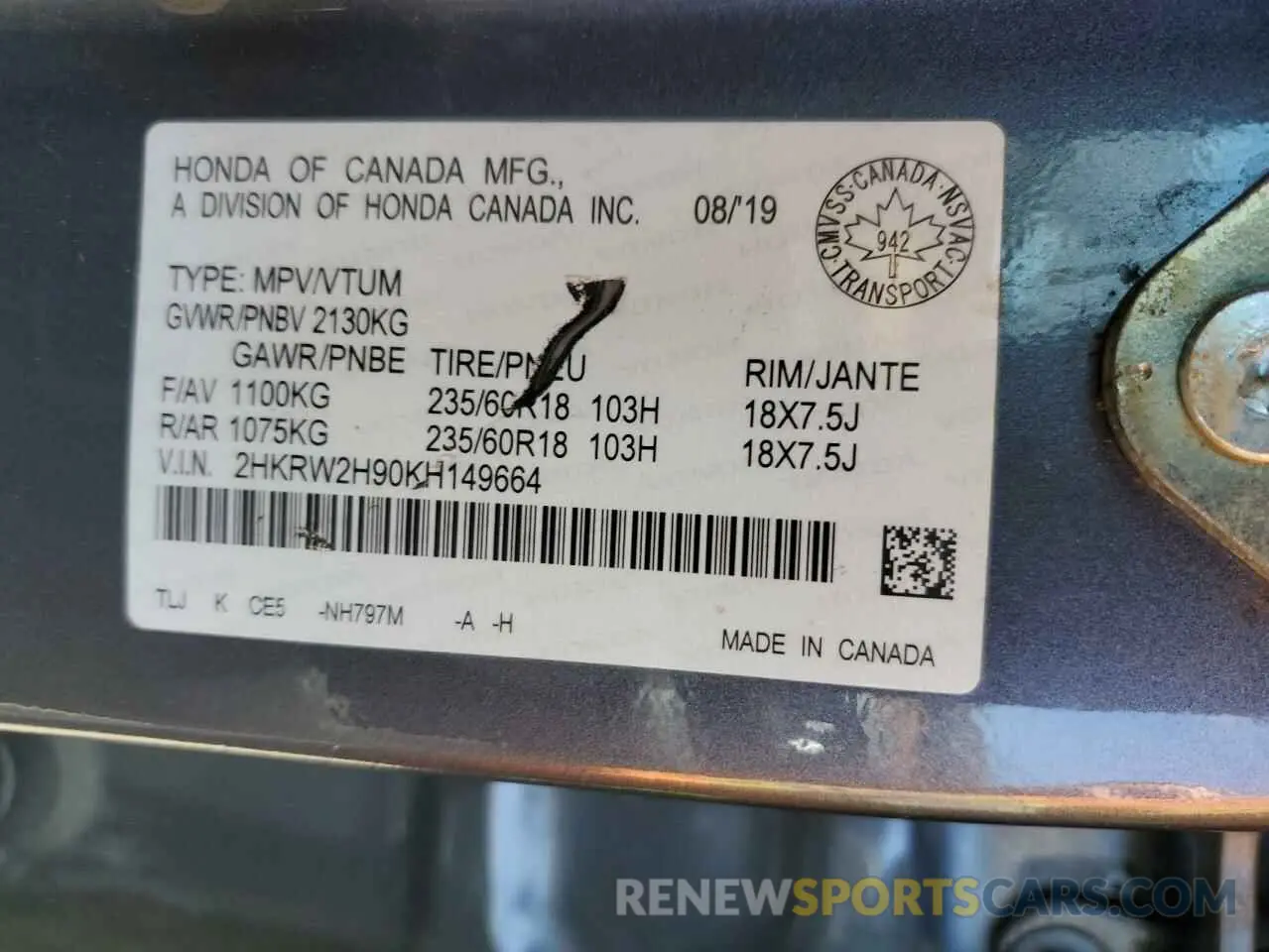13 fotografías del automóvil dañado 2HKRW2H90KH149664 HONDA CRV 2019