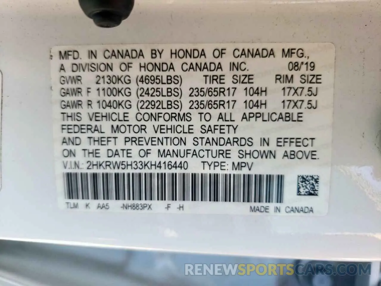 12 fotografías del automóvil dañado 2HKRW5H33KH416440 HONDA CRV 2019