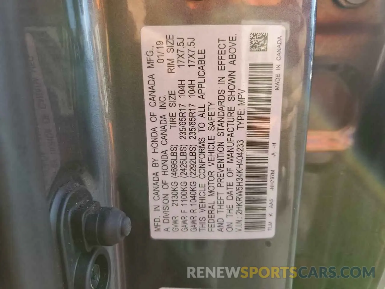 15 fotografías del automóvil dañado 2HKRW5H34KH404233 HONDA CRV 2019