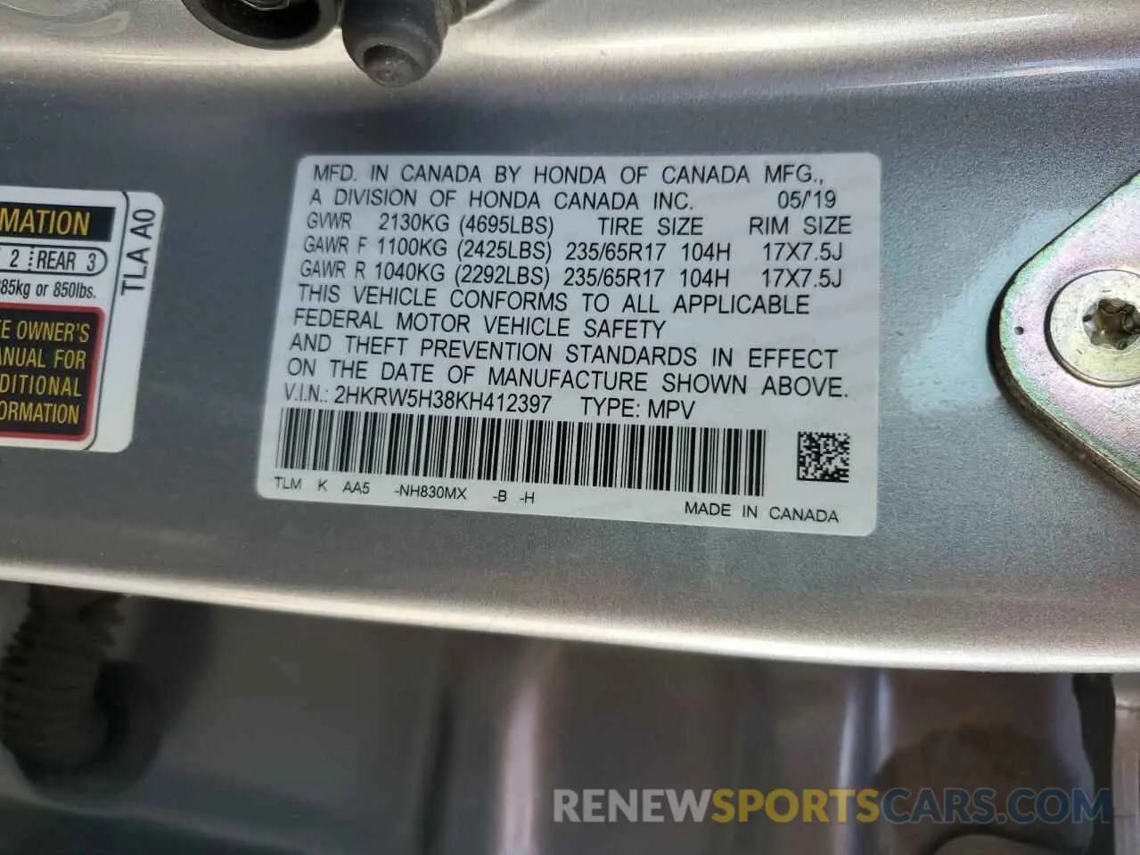 14 fotografías del automóvil dañado 2HKRW5H38KH412397 HONDA CRV 2019