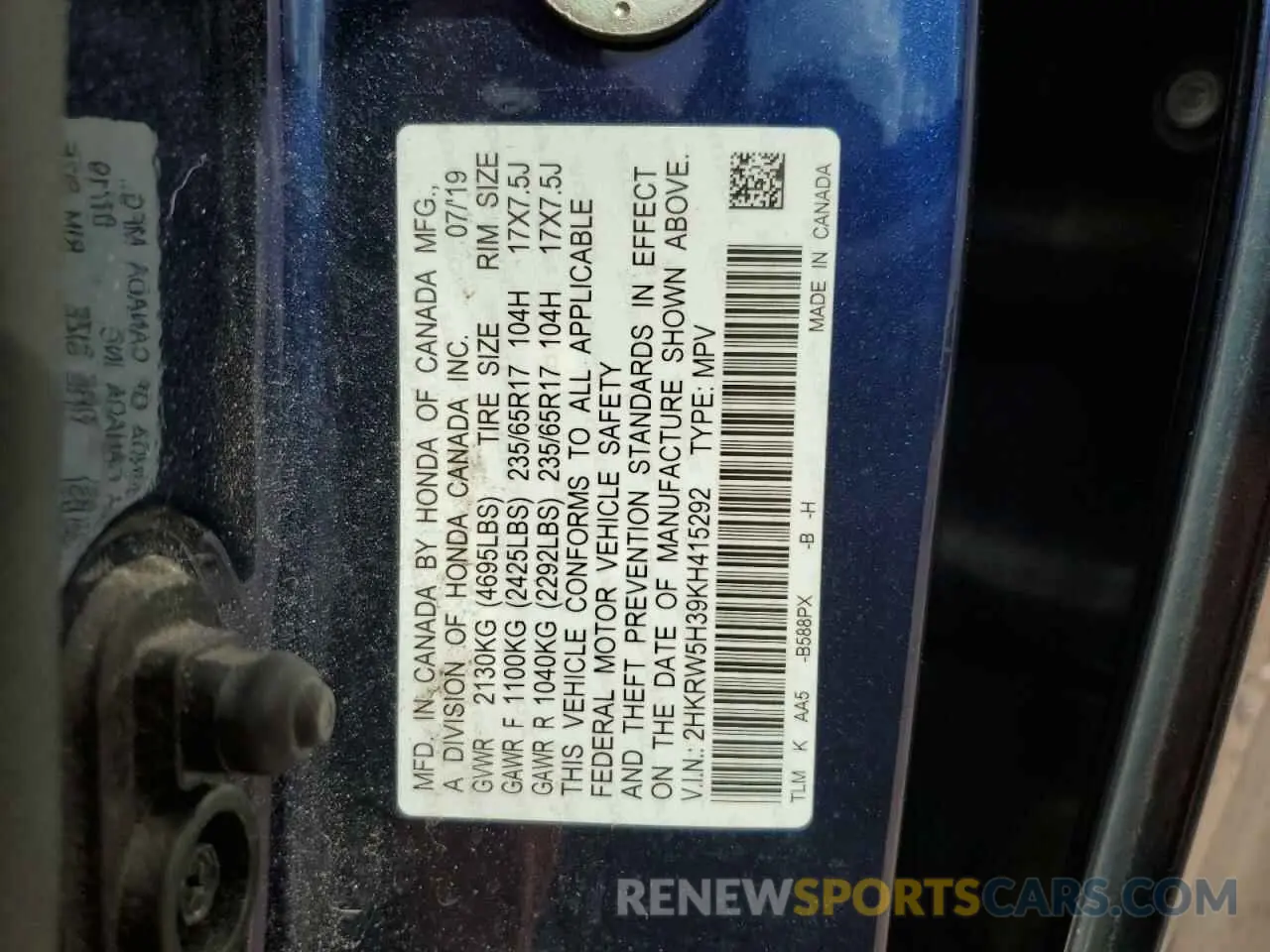 13 fotografías del automóvil dañado 2HKRW5H39KH415292 HONDA CRV 2019