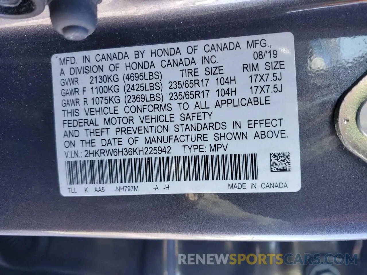 13 fotografías del automóvil dañado 2HKRW6H36KH225942 HONDA CRV 2019