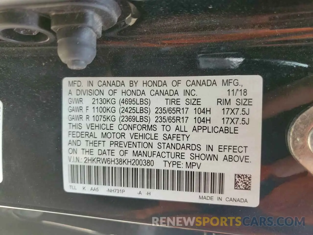 13 fotografías del automóvil dañado 2HKRW6H38KH200380 HONDA CRV 2019