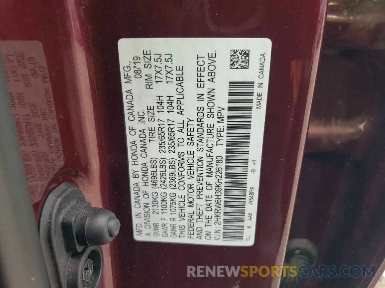 13 fotografías del automóvil dañado 2HKRW6H39KH226180 HONDA CRV 2019