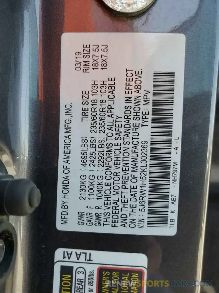13 fotografías del automóvil dañado 5J6RW1H52KL002369 HONDA CRV 2019