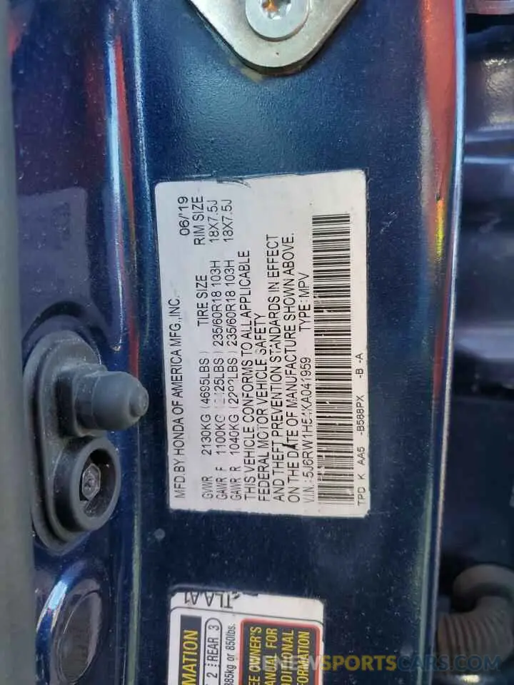 14 fotografías del automóvil dañado 5J6RW1H54KA041959 HONDA CRV 2019