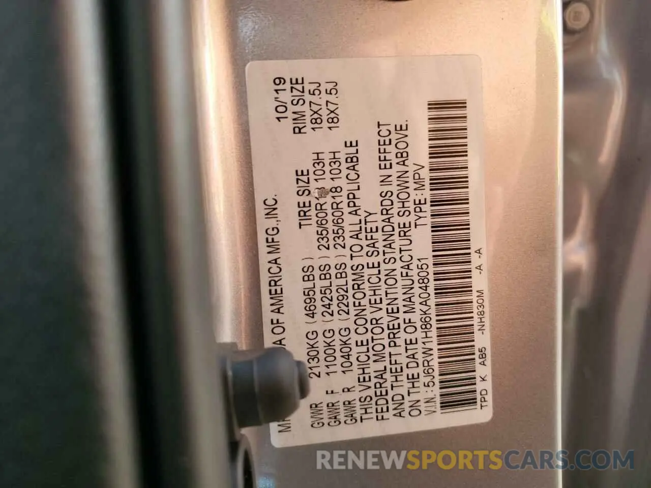14 fotografías del automóvil dañado 5J6RW1H86KA048051 HONDA CRV 2019