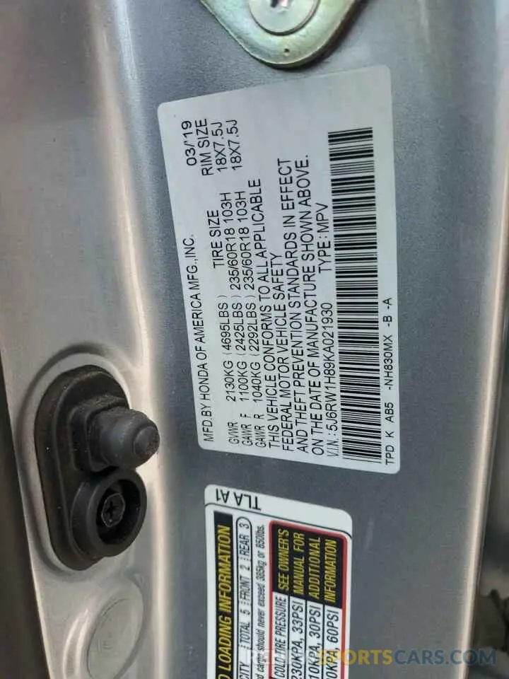 13 fotografías del automóvil dañado 5J6RW1H89KA021930 HONDA CRV 2019